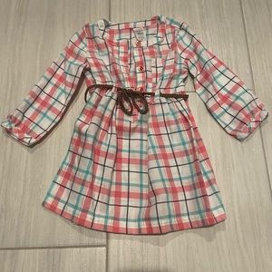 NWOT Carter’s baby girl pink & blue plaid tie casual long sleeve dress size 18M
